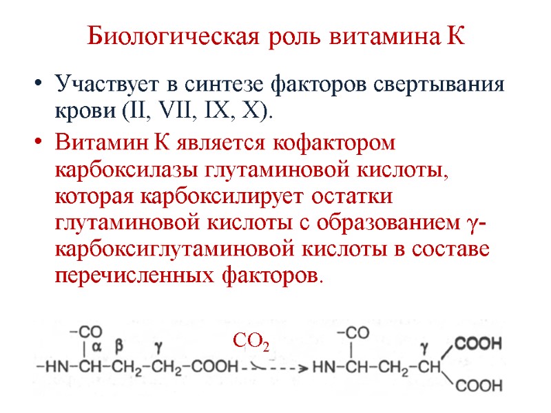 Биологическая роль витамина К Участвует в синтезе факторов свертывания крови (II, VII, IX, X).